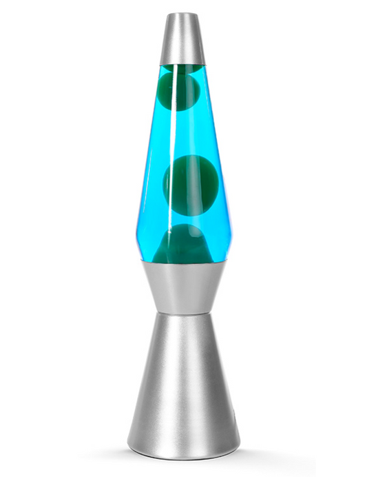Lampada Lava 36 cm con Base Argentata Liquido Blu Cera Verde