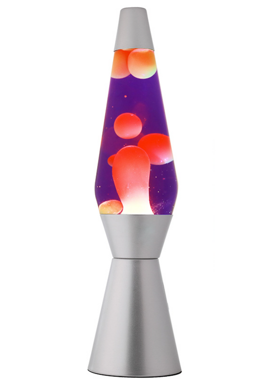 Lampada Lava 36 cm con Base Argentata Liquido Viola, Cera Gialla