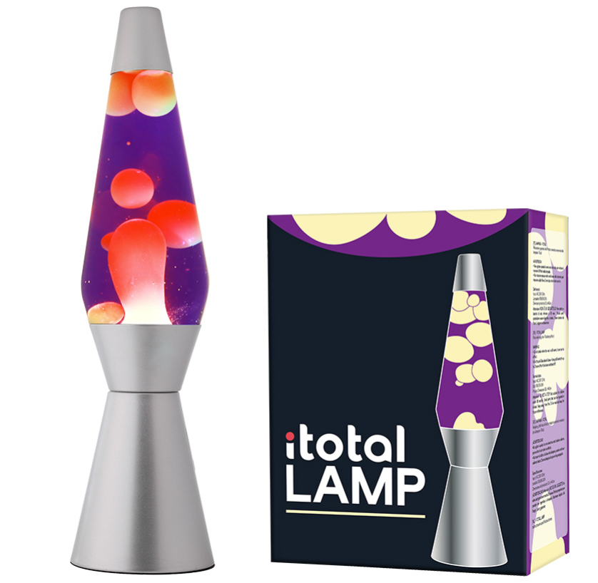 Lampada Lava 36 cm con Base Argentata Liquido Viola, Cera Gialla