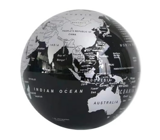 Mappamondo rotante nero e argento