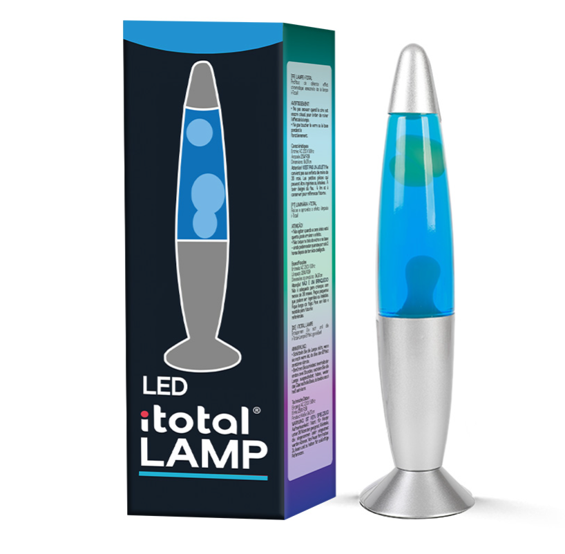 Lampada Lava LED con Luce Blu, Cera Bianca e Base Argentata