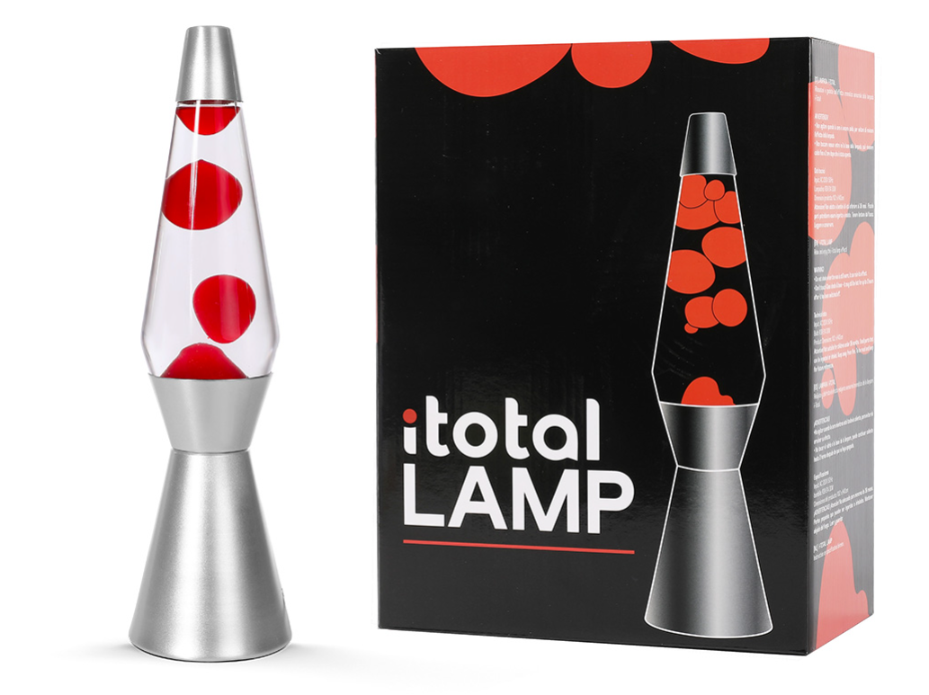 Lampada Lava 36cm Base Argentata Liquido Trasparente, Cera Rossa