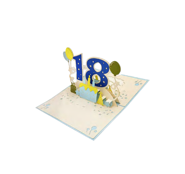 Biglietto Augurale Pop-Up Origami 18 Anni Celeste