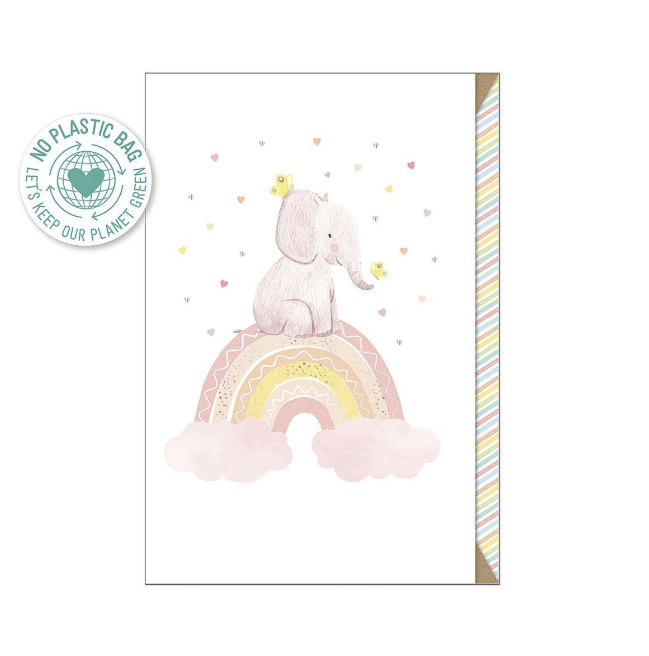 Biglietto doppio + busta augurale Elefantino Nascita Rosa