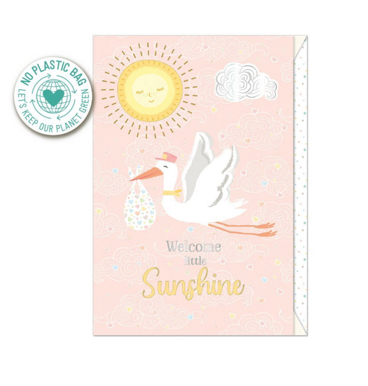 Biglietto doppio + busta augurale Nascita Cicogna Rosa