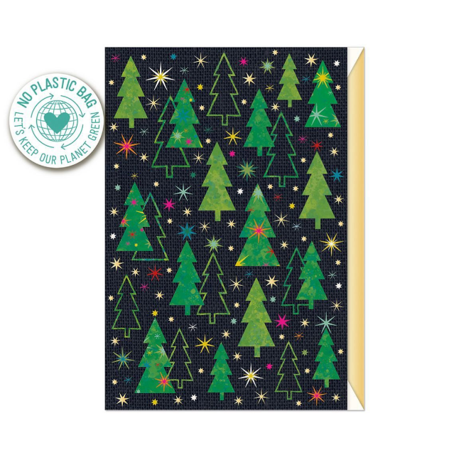 Biglietto doppio + busta augurale Natale Alberi