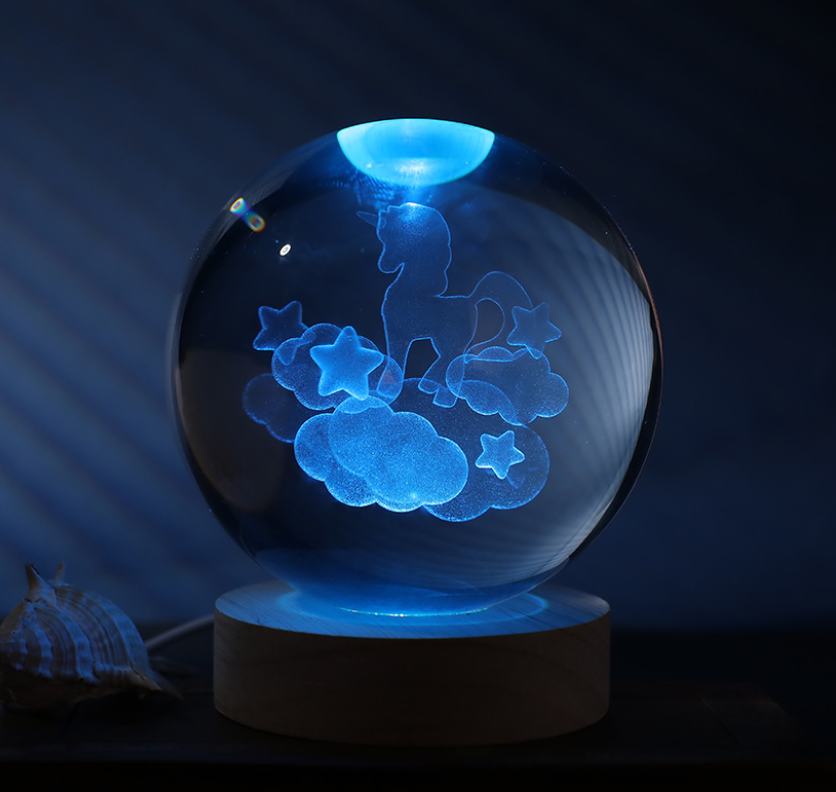 Sfera di vetro 3D con Led RGB Multicolore cavo USB tema UNICORN