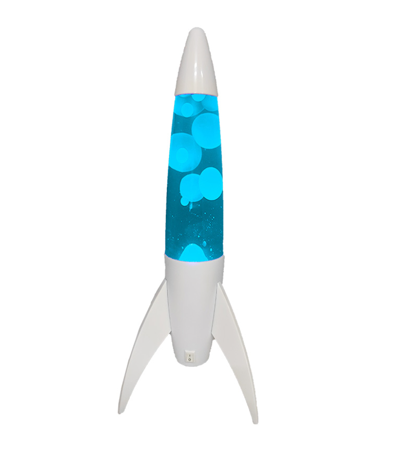 Lampada Lava a razzo con Base Bianca. Liquido Blu e Cera Bianca