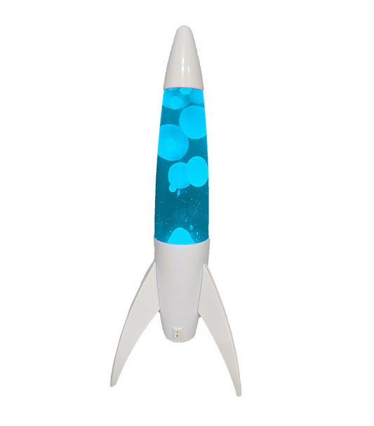 Lampada Lava a razzo con Base Bianca. Liquido Blu e Cera Bianca