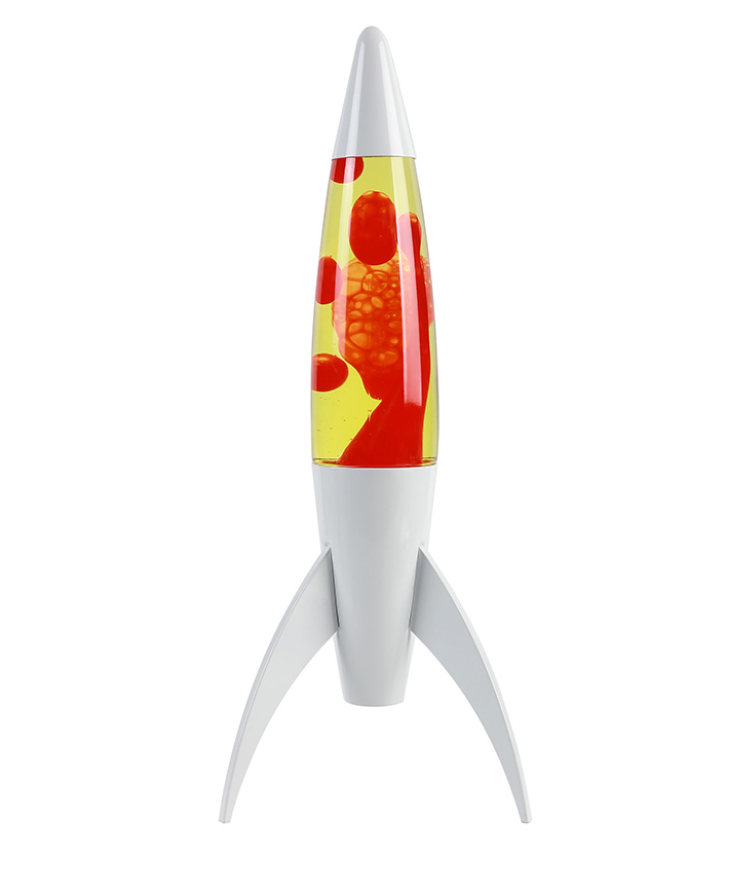 Lampada Lava a razzo con Base Bianca. Liquido Giallo Cera Rossa