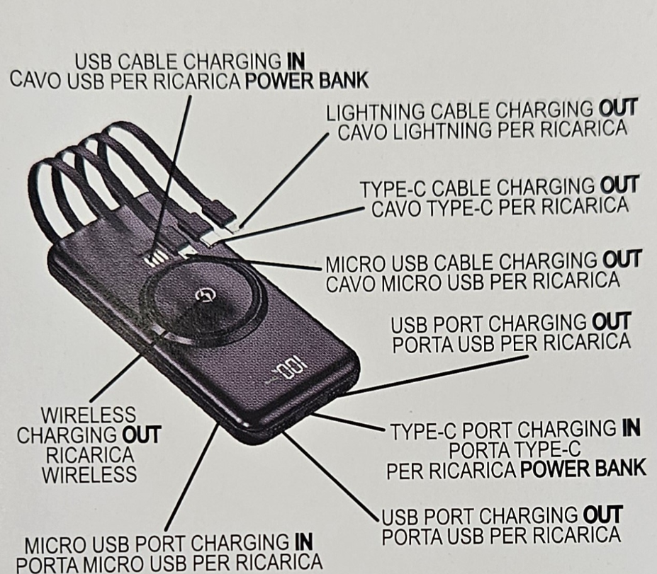 Power Bank Wireless, Cavo, 10000mAh
