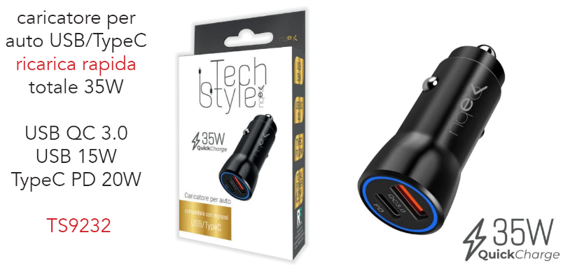Caricatore per auto doppio Type USB/Type C