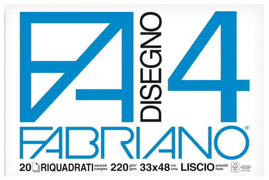 Album da Disegno Fabriano F4 Formato 33 x 48 cm, Fogli Lisci Riquadrati, Grammatura 220gr/m2, 20 Fogli