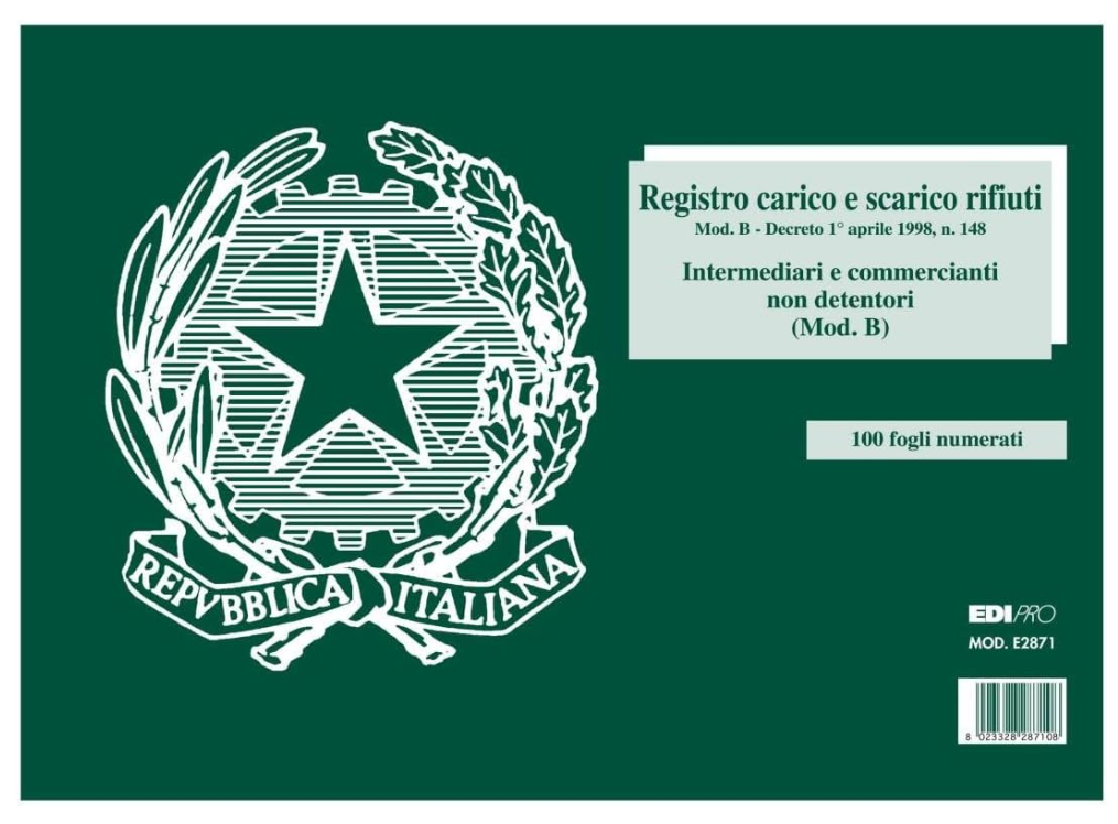 Registro carico/scarico rifiuti non detentori (Modello B) 100 pagine numerate f.to 22,5x29,7 EDIPRO - E2871