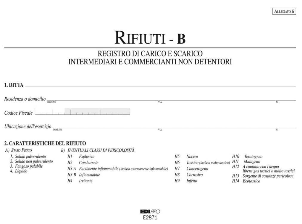 Registro carico/scarico rifiuti non detentori (Modello B) 100 pagine numerate f.to 22,5x29,7 EDIPRO - E2871