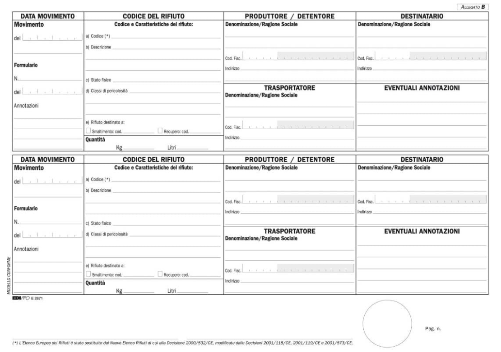 Registro carico/scarico rifiuti non detentori (Modello B) 100 pagine numerate f.to 22,5x29,7 EDIPRO - E2871