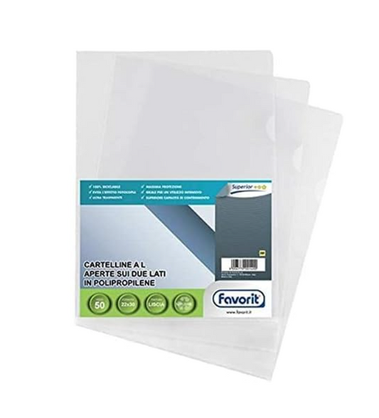 Buste ad "L" trasparenti, lucide e pesanti in confezione da 25 pezzi Favorit