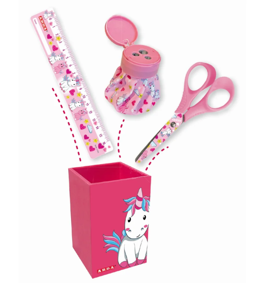 Kit portapenne con temperino, forbici e righello Unicorno