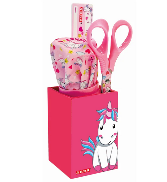 Kit portapenne con temperino, forbici e righello Unicorno