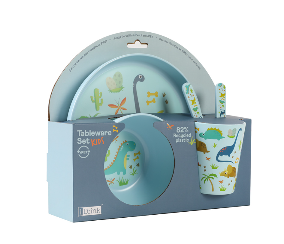 Set in RPET Kids con Bicchiere, Ciotola, Piattino e Posate DINO