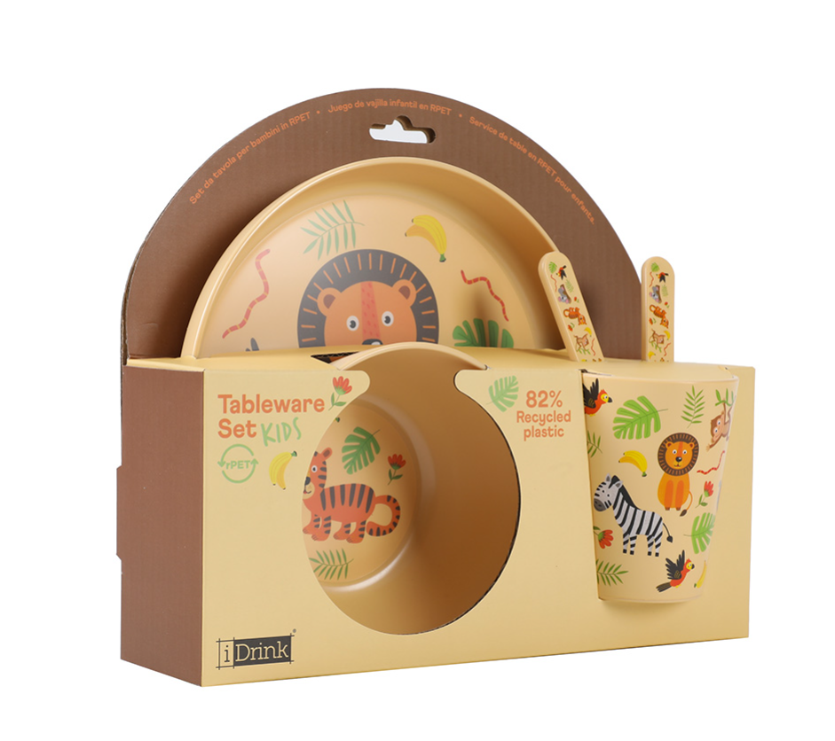 Set in RPET Kids con Bicchiere, Ciotola, Piattino e Posate ANIMALS