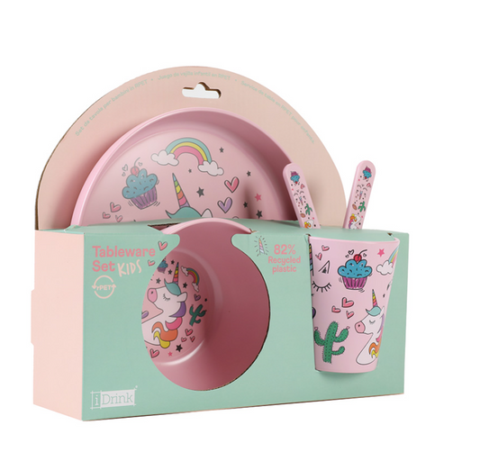 Set in RPET Kids con Bicchiere, Ciotola, Piattino e Posate UNICORN