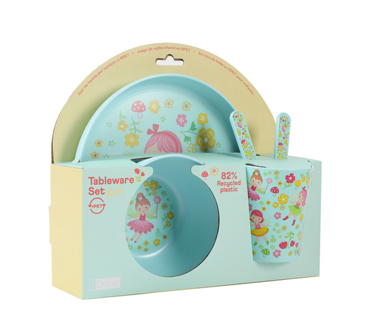 Set in RPET Kids con Bicchiere, Ciotola, Piattino e Posate FAIRY