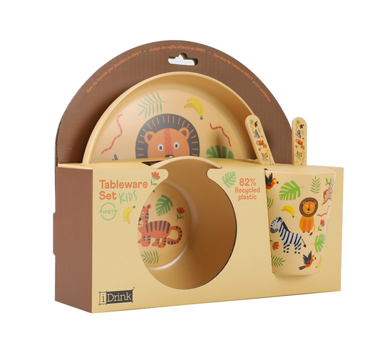 Set in RPET Kids con Bicchiere, Ciotola, Piattino e Posate ANIMALS