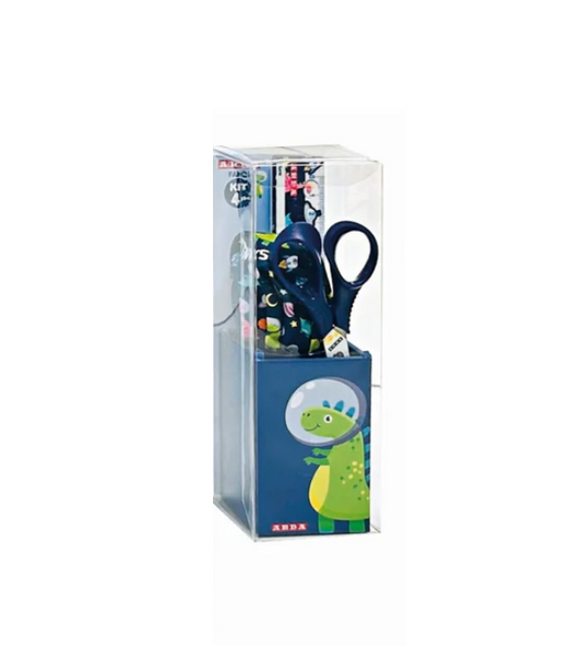 Kit portapenne con temperino, forbici e righello Dinosauro